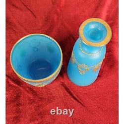 Blue Opaline Glass French Vase and Bowl with Gold Accent Gorgeous Set! CT302