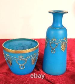 Blue Opaline Glass French Vase and Bowl with Gold Accent Gorgeous Set! CT302