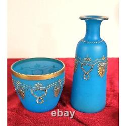 Blue Opaline Glass French Vase and Bowl with Gold Accent Gorgeous Set! CT302