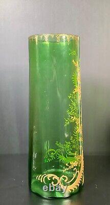 Bohemian / French Hand Enameled Gold Orange Green Optic Glass Vase