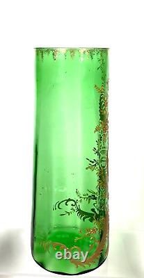 Bohemian / French Hand Enameled Gold Orange Green Optic Glass Vase