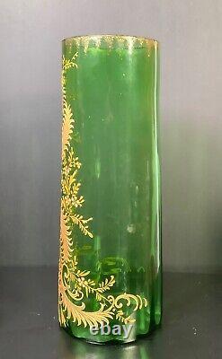 Bohemian / French Hand Enameled Gold Orange Green Optic Glass Vase