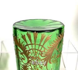 Bohemian / French Hand Enameled Gold Orange Green Optic Glass Vase