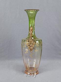 Bohemian or French Gold Floral Green & Pink Optic Molded Vase Circa 1890s
