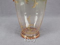 Bohemian or French Gold Floral Green & Pink Optic Molded Vase Circa 1890s