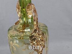 Bohemian or French Gold Floral Green & Pink Optic Molded Vase Circa 1890s