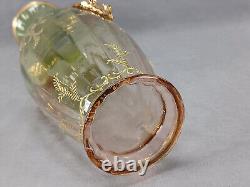 Bohemian or French Gold Floral Green & Pink Optic Molded Vase Circa 1890s