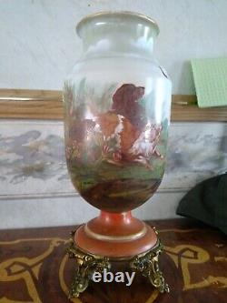 C1860 French White Opaline Ormolu Bronze mounted Hand Painted Hunting Dogs vase