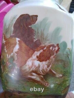 C1860 French White Opaline Ormolu Bronze mounted Hand Painted Hunting Dogs vase