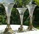 C1900 Antique French Gilt Epergne Trumpet Vases Etched Cut Glass 13/11Tall