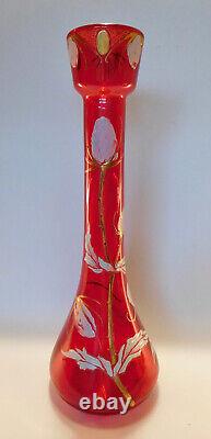 C1900 French Art Nouveau 15h Legras Enameled Art Glass Vase, Pigeon Blood Red