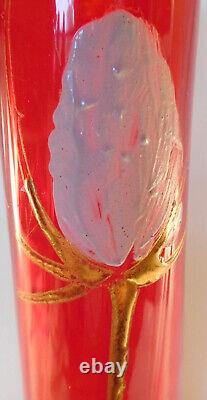 C1900 French Art Nouveau 15h Legras Enameled Art Glass Vase, Pigeon Blood Red