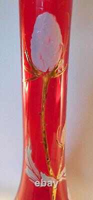 C1900 French Art Nouveau 15h Legras Enameled Art Glass Vase, Pigeon Blood Red