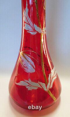 C1900 French Art Nouveau 15h Legras Enameled Art Glass Vase, Pigeon Blood Red