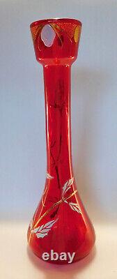 C1900 French Art Nouveau 15h Legras Enameled Art Glass Vase, Pigeon Blood Red