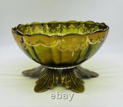 Ca. 1880 FRENCH Green Glass Centerpiece Art Glass Bowl With Gold Scrolled Enamel