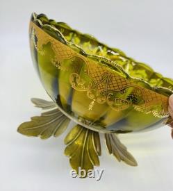 Ca. 1880 FRENCH Green Glass Centerpiece Art Glass Bowl With Gold Scrolled Enamel