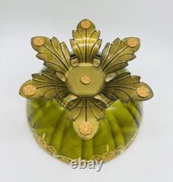 Ca. 1880 FRENCH Green Glass Centerpiece Art Glass Bowl With Gold Scrolled Enamel