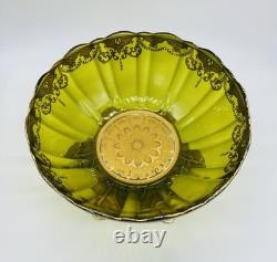 Ca. 1880 FRENCH Green Glass Centerpiece Art Glass Bowl With Gold Scrolled Enamel