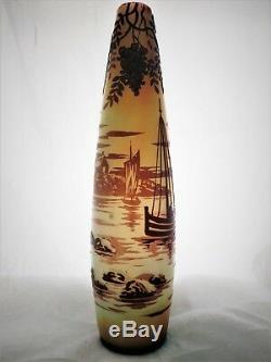 Cameo Glass Vase by De Vez, Detailed scene in three+colors. Water, Boats 10 H