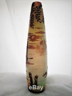 Cameo Glass Vase by De Vez, Detailed scene in three+colors. Water, Boats 10 H