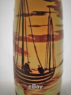 Cameo Glass Vase by De Vez, Detailed scene in three+colors. Water, Boats 10 H