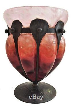 Charles Schneider, French Art Deco Bubbled Glass & Forged Iron Vase, Ca. 1918