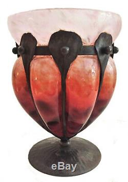 Charles Schneider, French Art Deco Bubbled Glass & Forged Iron Vase, Ca. 1918