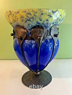 Charles Schneider French Art-Deco Glass and Wrought Iron Vase, SIGNED