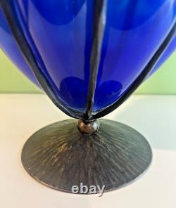 Charles Schneider French Art-Deco Glass and Wrought Iron Vase, SIGNED
