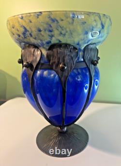 Charles Schneider French Art-Deco Glass and Wrought Iron Vase, SIGNED