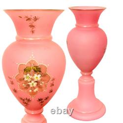 Collectors Hand Painted Antique French Pink Opaline Enamel Art Glass 13 Vase