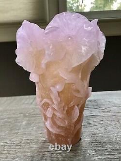 DAUM France Art Glass Pate De Verre Crystal Hibiscus Flower Pink Vase FLAWLESS