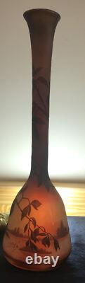 D'ARGENTAL French Acid Etched Cameo Glass Vase Saint Louis Lake Scene Leaves