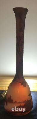 D'ARGENTAL French Acid Etched Cameo Glass Vase Saint Louis Lake Scene Leaves