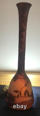 D'ARGENTAL French Acid Etched Cameo Glass Vase Saint Louis Lake Scene Leaves