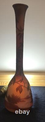 D'ARGENTAL French Acid Etched Cameo Glass Vase Saint Louis Lake Scene Leaves