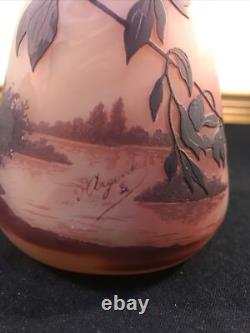 D'ARGENTAL French Acid Etched Cameo Glass Vase Saint Louis Lake Scene Leaves