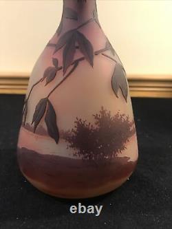 D'ARGENTAL French Acid Etched Cameo Glass Vase Saint Louis Lake Scene Leaves