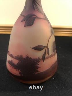 D'ARGENTAL French Acid Etched Cameo Glass Vase Saint Louis Lake Scene Leaves