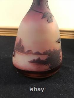 D'ARGENTAL French Acid Etched Cameo Glass Vase Saint Louis Lake Scene Leaves