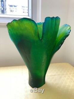 Daum Crystal Ginkgo Green Blue Vase 30cm Number 135 Art Crystal Made in France