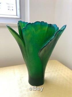 Daum Crystal Ginkgo Green Blue Vase 30cm Number 135 Art Crystal Made in France
