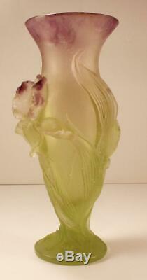 Daum Fleur Iris Flower Pate De Verre Crystal Vase, 11 Inches Tall