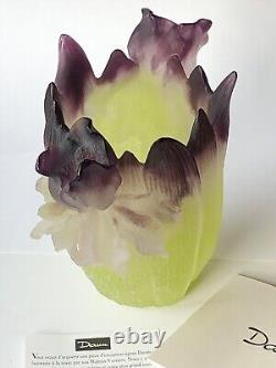 Daum France Crystal Iris Vase Green Purple Pate De Verre Signed