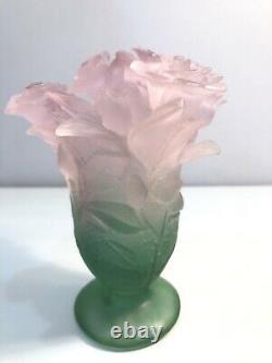 Daum France Crystal Pate De Verre Roses Vase Pink Green Flowers Mint