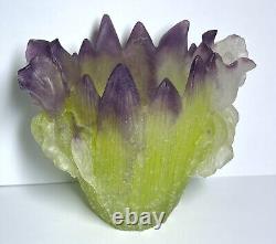 Daum France Iris Vase Purple & Green Pate de Verre Small Repair