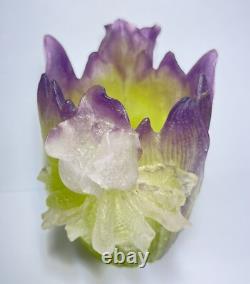 Daum France Iris Vase Purple & Green Pate de Verre Small Repair