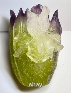 Daum France Iris Vase Purple & Green Pate de Verre Small Repair