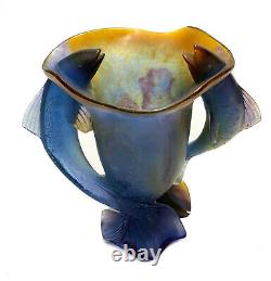 Daum France Pate De Verre Double Fish Handled Vase, Amber to Cobalt Blue Signed